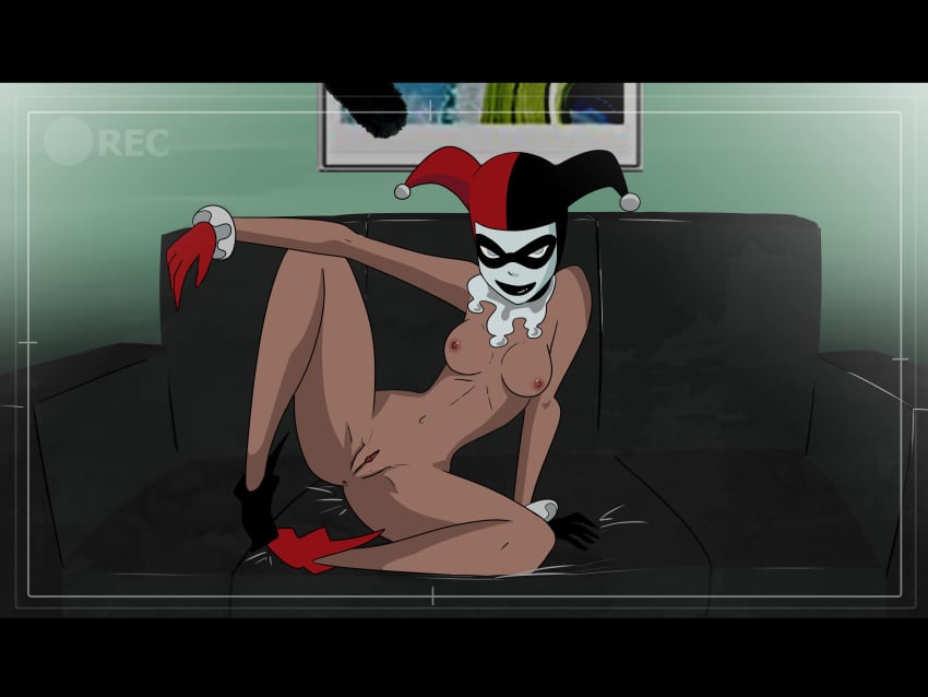 1girls batman:_the_animated_series batman_(series) black_lipstick boobs breasts curvaceous curves curvy curvy_body curvy_female curvy_figure dc dc_comics dcau female female_only footwear gloves handwear harley_quinn harley_quinn_(classic) headgear hentainador looking_at_camera looking_at_viewer medium_breasts mostly_nude naked naked_footwear naked_gloves naked_with_shoes_on nipples nude nude_female open_legs pinup_pose pussy slim_waist solo solo_female tits vagina