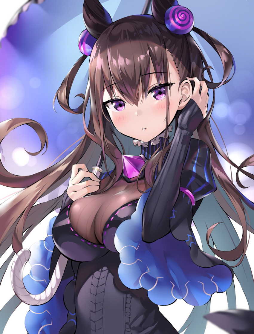 ale_nqki amethyst_(gemstone) bangs black_dress black_gloves blush breasts brown_hair collar dress eyebrows_visible_through_hair eyelashes fate/grand_order fate_(series) female female fingerless_gloves frilled_collar frilled_umbrella frills gem gloves hair_between_eyes hair_ornament hair_tucking hand_to_head hand_up high_resolution holding holding_umbrella impossible_clothes impossible_dress jewelry juliet_sleeves large_breasts lens_flare long_hair long_sleeves looking_at_viewer murasaki_shikibu_(fate) parted_lips puff_and_slash_sleeves puffy_sleeves purple_eyes purple_umbrella sidelocks sleeves_past_wrists solo striped tagme teeth two_side_up umbrella upper_body vertical_stripes very_long_hair wide_sleeves