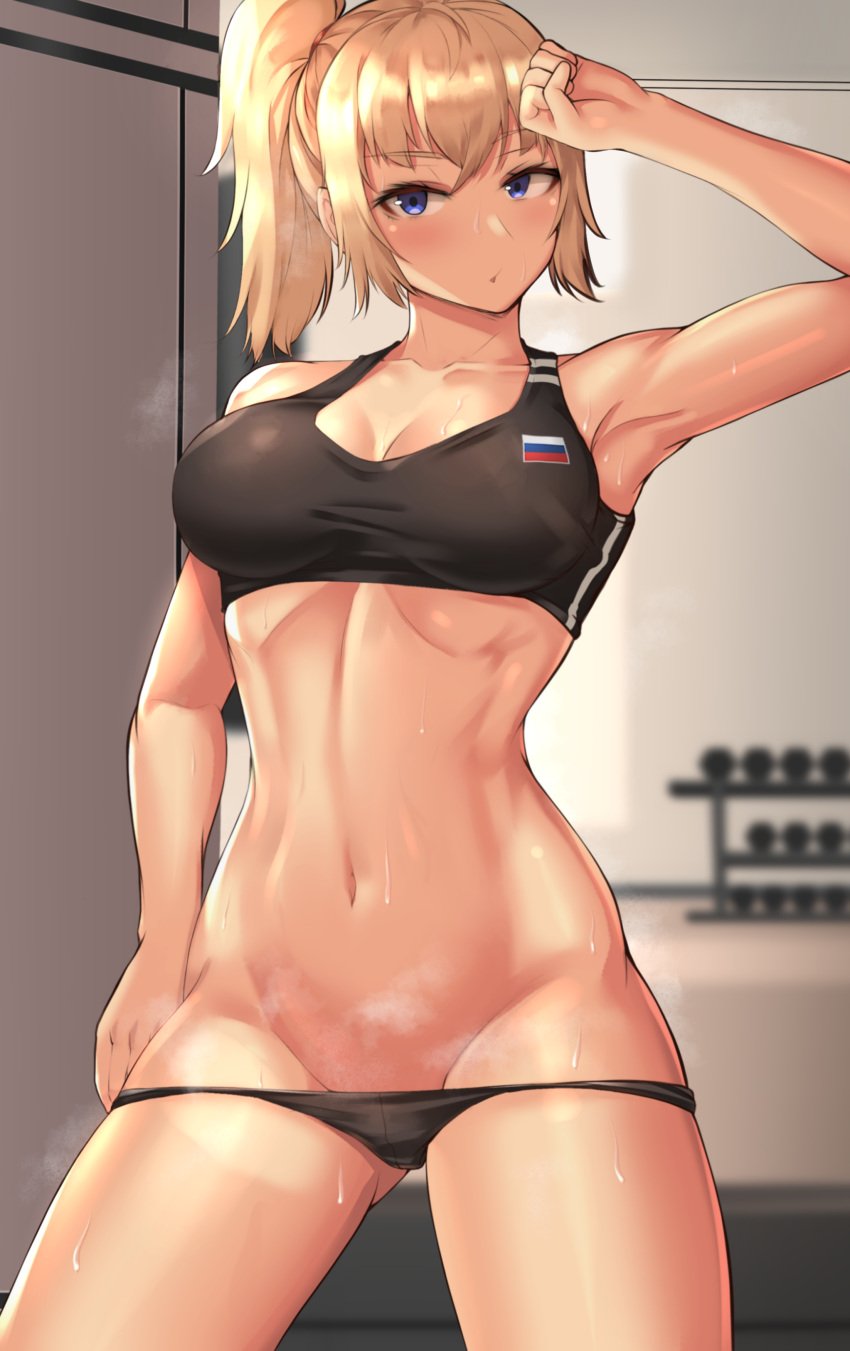 1girls absurdres bangs black_panties blonde_hair blue_eyes blush breasts cleavage clyde_s crop_top female gym highres large_breasts looking_at_viewer musk navel original panties russian_flag short_hair solo solo_female sports_bra sweat sweat_drop underwear