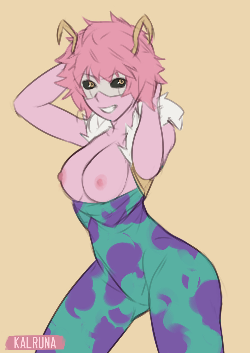 1girls black_sclera breasts clothes_down female female_focus female_only grin grinning hands_behind_head hero_outfit_(mha) horns jacket kalruna looking_at_viewer mask masked mina_ashido my_hero_academia naked nipples nude nude_female pink_breasts pink_female pink_hair pink_nipples pink_skin short_hair short_pink_hair simple_background solo solo_female solo_focus tagme uncensored yellow_eyes yellow_horns