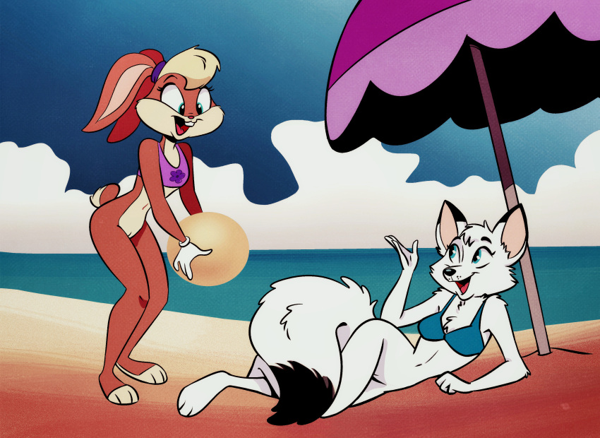 absurd_res anthro ball beach bottomless canid canine duo female fox genitals hi_res juneduck21 lagomorph leporid lola_bunny looney_tunes mammal nude pussy rabbit seaside sport volleyball warner_brothers