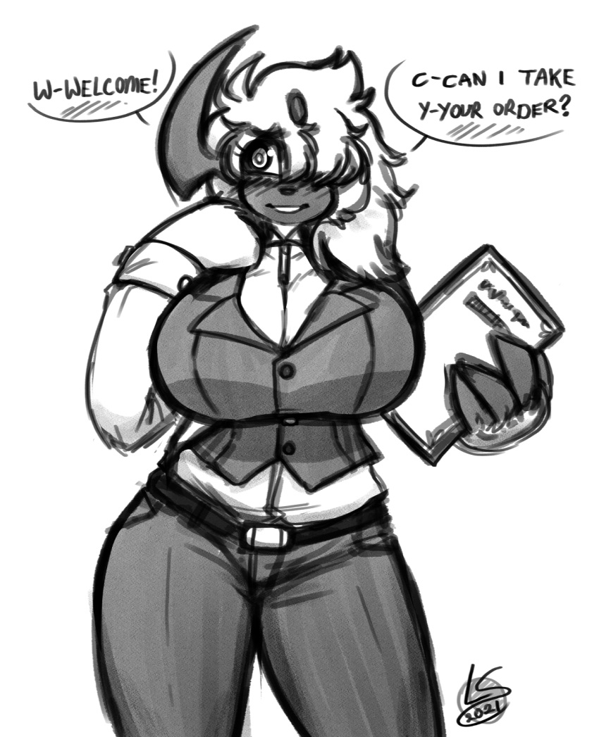 2021 absol anthro anthro_only big_breasts blush cleavage cynthia_(lunarspy) female furry holding_menu hourglass_figure jeans looking_at_viewer lunarspy nintendo pokemon pokemon_(species) thick_thighs wide_hips