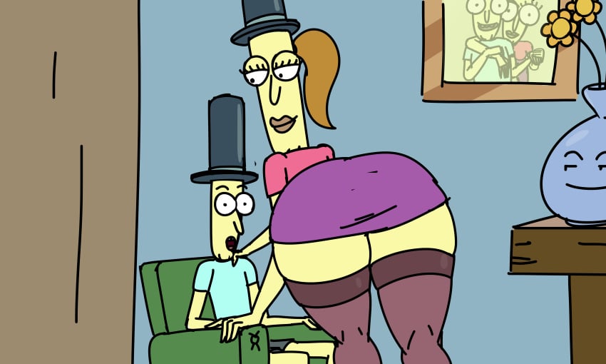 1boy 1girls 2d armchair ass_in_dress big_ass brown_hair canon_couple child_bearing_hips curvaceous diklonius female high_ponytail huge_ass husband_and_wife indoors male miniskirt mr._poopy_butthole rick_and_morty sitting skirt stockings thick_thighs thighhighs top_hat voluptuous yellow_skin zettai_ryouiki