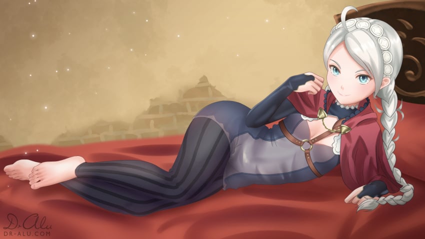 1girls barefoot bedroom bedroom_eyes blue_eyes braid clothed clothing dr-alu fire_emblem fire_emblem_fates grey_hair long_hair looking_at_viewer lying_on_bed nina_(fire_emblem) nintendo on_bed on_side red_bed silver_hair small_breasts smile twin_braids wide_hips