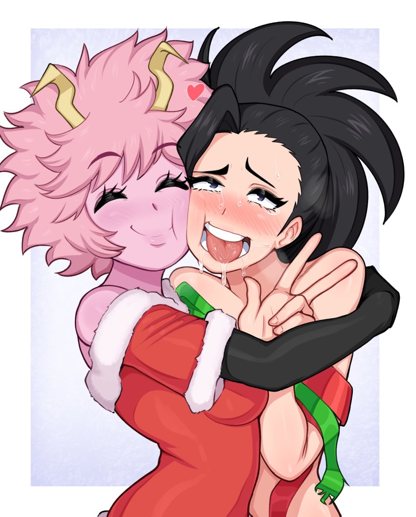 2girls afrobull ahe_gao ahegao blush christmas christmas_outfit closed_eyes hug mina_ashido momo_yaoyorozu multiple_girls my_hero_academia naked_ribbon on_model pink_hair pink_skin ribbon ribboned_body saliva tears teenage_girl teenager