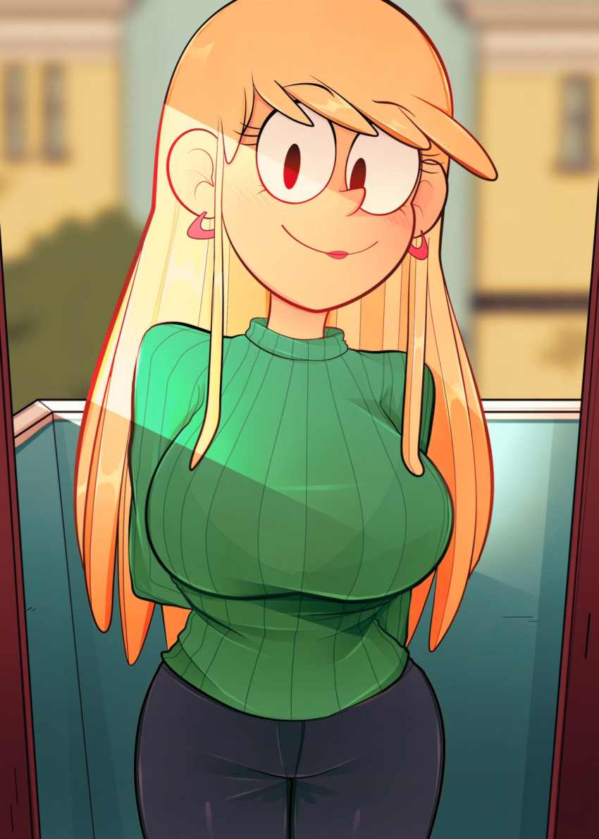 1girls aged_up arkeus big_breasts black_bra blonde_hair blush bra_visible_through_clothes earrings female green_sweater hands_behind_back huge_breasts jeans leni_loud long_hair looking_at_viewer nickelodeon pov solo sweater the_loud_house tight_clothes tight_clothing tight_fit wholesome