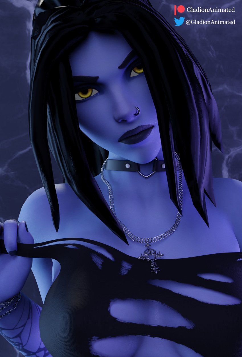 1girls 3d 3d_(artwork) alternate_color alternate_costume alternate_hairstyle black_hair black_lips black_lipstick black_nails blender blender_(software) blue_skin bracelet bracelets chains choker collar female gladionanimated goth long_hair looking_at_viewer necklace nose_piercing nose_ring overwatch pendant ripped_clothing solo solo_female tattoo tattoos widowmaker yellow_eyes