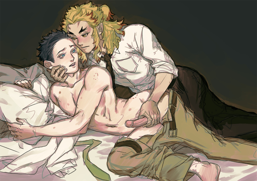 2boys akaza_(kimetsu_no_yaiba) black_hair blonde_hair clothed_male_nude_male demon_slayer erection gay hakuji handjob holding_penis human kaizbow kimetsu_no_yaiba looking_at_another male male_only necktie on_bed on_side pants_down pants_open penis rengoku_kyoujurou teacher_and_student topless uncensored yaoi