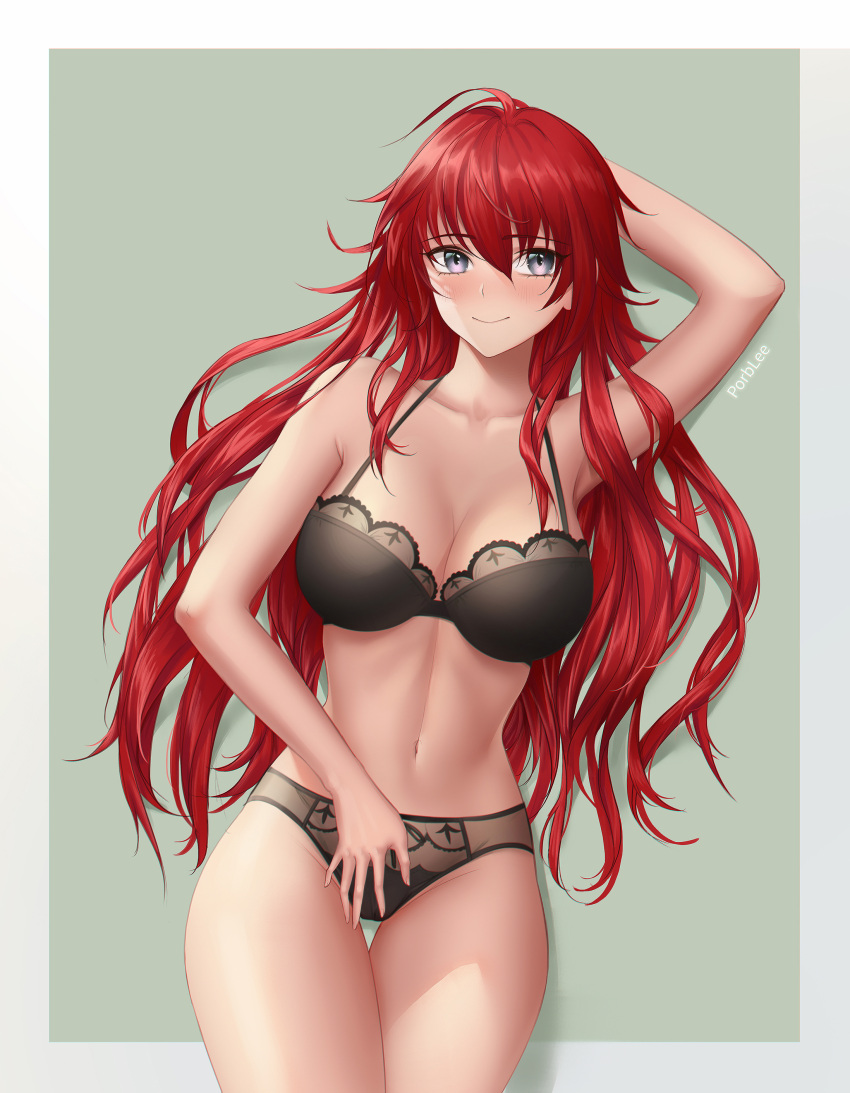 1girls ahoge black_underwear blue_eyes blush bra breasts female high_school_dxd highres large_breasts long_hair looking_at_viewer open_mouth panties porblee red_hair rias_gremory smile solo thigh_gap underwear