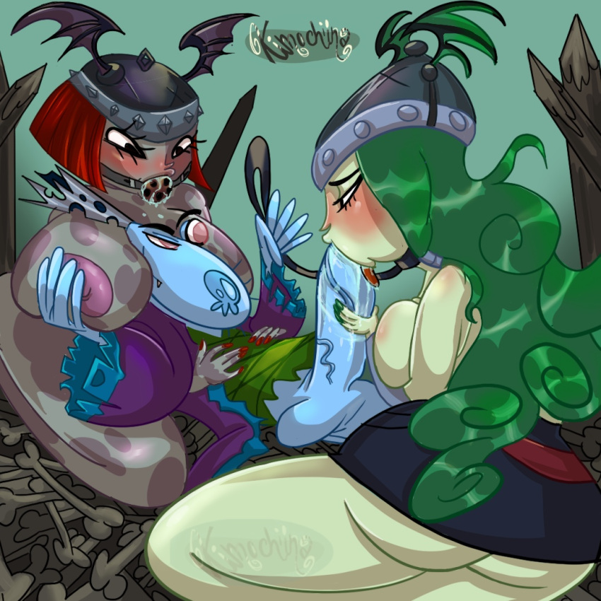 anthro big_nipples blowjob bondage breast_grab breasts collar elysia_(rayman) fellatio green_hair huge_balls huge_breasts huge_cock kimochiina rayman_(series) rayman_legends rayman_origins saliva slave slave_collar slavegirl twila_(rayman)