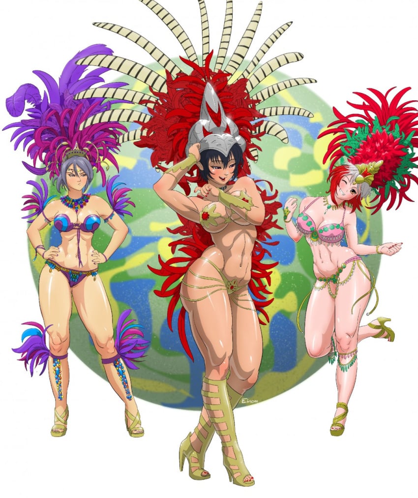 athletic_female bikini black_hair bracelet cleavage dancer dancer_outfit gold_heels headdress high_heels large_breasts multicolored_hair pascal purple_hair red_hair rutee_katrea sheena_fujibayashi tales_of_(series) tales_of_graces thick_thighs voluptuous white_hair wink