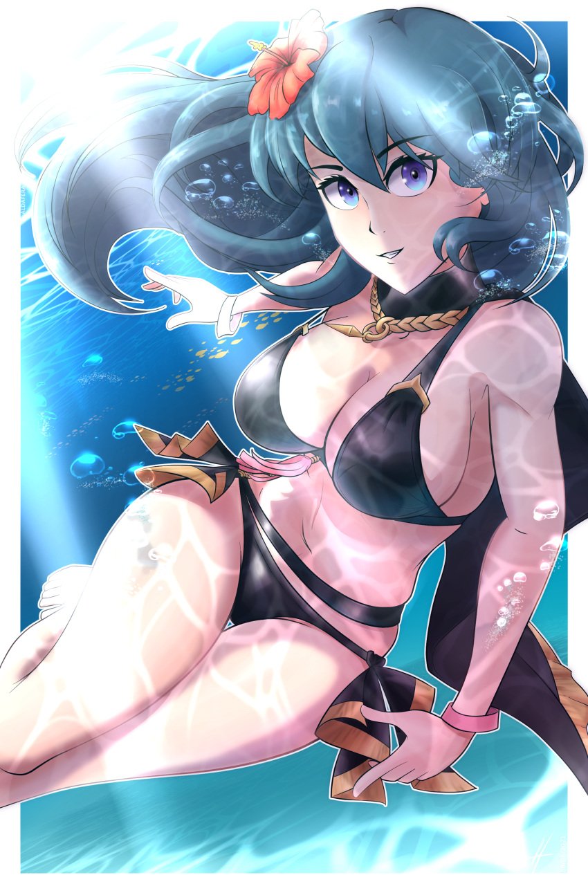 1girls aldafera alternate_costume bikini black_bikini black_swimsuit blue_eyes blue_hair breasts byleth_(fire_emblem) byleth_(fire_emblem)_(female) byleth_(summer)_(fire_emblem)_(female) cape female fire_emblem fire_emblem:_three_houses fire_emblem_heroes flower flower_in_hair grin long_hair looking_at_viewer medium_hair nintendo official_alternate_costume smile solo swimsuit teal_hair underwater water white_skin