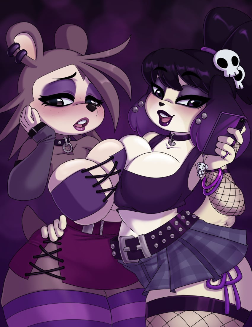 2girls animal_crossing anthro awd belt big_breasts black_eyes black_hair black_lipstick blithedragon blush breast_to_breast breasts brown_eyes canid canine cellphone choker cleavage clothing collar ear_piercing earrings eyeshadow female female_only fishnet_armwear fishnet_stockings fishnets furry goth goth_girl gothabelle gothified hedgehog isabelle_(animal_crossing) large_breasts lipstick mammal nintendo phone plaid_skirt purple_eyeshadow purple_hair purple_lipstick sable_able shy skirt smile spines stockings studded_belt thick thick_thighs thighhighs two_tone_hair