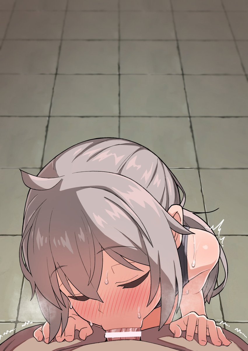 1boy :>= absurdres ahoge all_the_way_to_the_base bar_censor bare_shoulders blush bottomless bra breasts censored closed_eyes cute deepthroat eyebrows_visible_through_hair fellatio female girls'_frontline grey_hair head_tilt heart highres kneeling m200_(girls'_frontline) no_gag_reflex nose_blush oral penis pov short_hair small_breasts solo_focus speech_bubble straight sweat teenager textless tile_floor tiles underwear underwear_only wagashi_(dagashiya) young