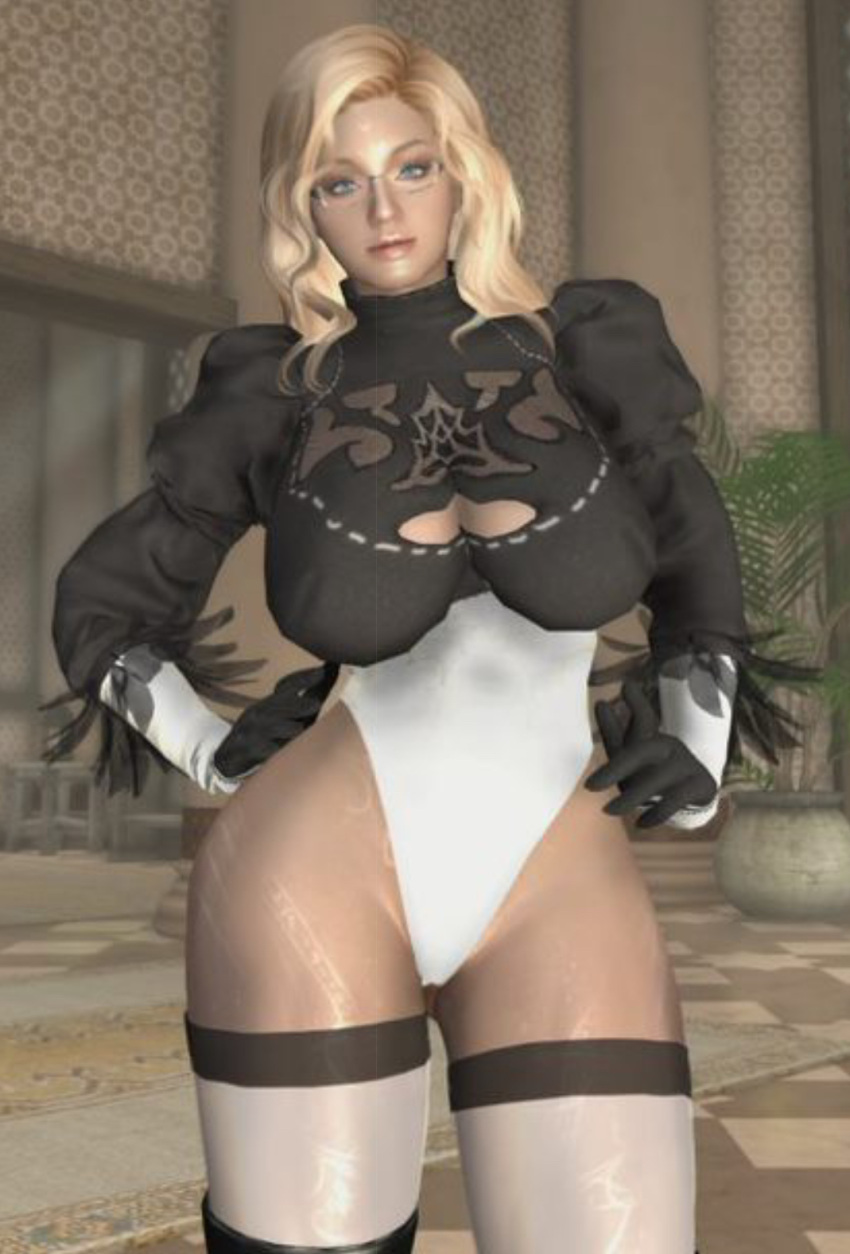 3d big_ass big_breasts blonde_hair blue_eyes cosplay dommy_mommy elf_orc_lunaire glasses huge_ass huge_breasts large_ass large_breasts nier:_automata rebecca_(original_character) seductive skyrim tagme the_elder_scrolls tight_clothing yorha_2b_(cosplay)