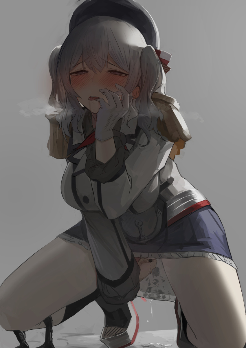 absurdres beret black_headwear black_legwear black_skirt blue_eyes blush buttons collared_shirt double-breasted epaulettes eyebrows_visible_through_hair female gloves grey_background grey_shirt hair_between_eyes hat highres jacket kantai_collection kashima_(kantai_collection) kerchief kneehighs long_hair long_sleeves masturbation military military_uniform open_mouth pleated_skirt ra_9rara red_neckwear shirt silver_hair skirt solo twintails uniform white_gloves white_jacket