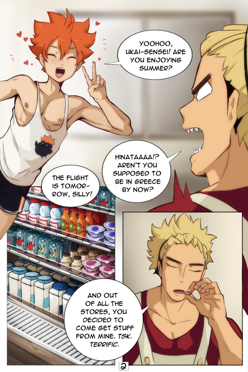 2boys annoyed apron athletic_male blonde_hair blush blushing bottomwear cigarette closed_eyes clothed clothed_male clothes clothing comic dialogue duo english_text fit_male front_view fully_clothed gesture greeting haikyuu!! hair hairband happy heart hearts hearts_around_head hi_res human human_only light-skinned_male light_skin lilprincyvi male male_only multiple_boys nipples open_mouth orange_hair pecs redhead sharp_teeth shirt short_hair shorts shoyo_hinata smile smiling smoking speech_bubble standing surprised talking talking_to_another tank_top teeth text tongue topwear twink ukai_keishin v white_eyes