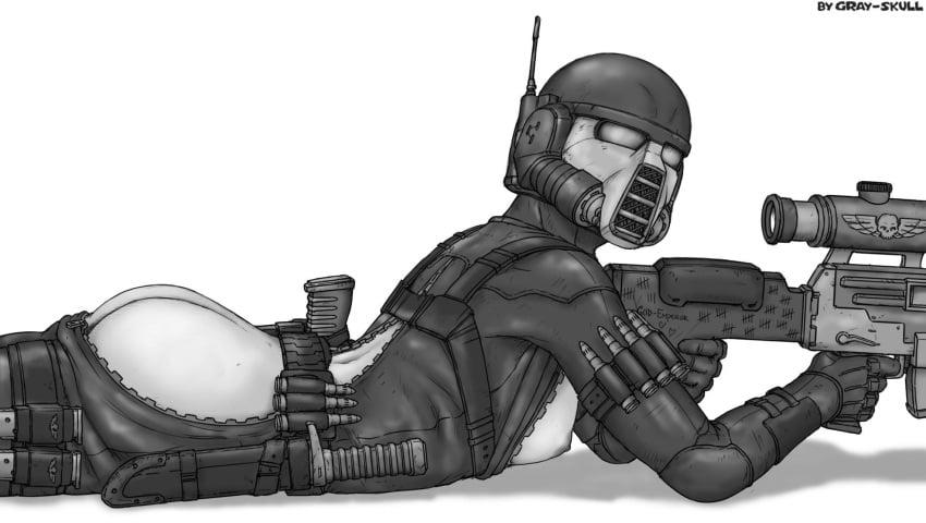 1girls black_and_white breasts english_text exposed_ass exposed_breasts female female_focus female_only gray_skull gun imperium_of_man lying_down lying_on_stomach medium_breasts monochrome mostly_clothed nipples officio_assassinorum sketch solo solo_female text unzipped unzipped_bodysuit vindicare_assassin warhammer_(franchise) warhammer_40k weapon