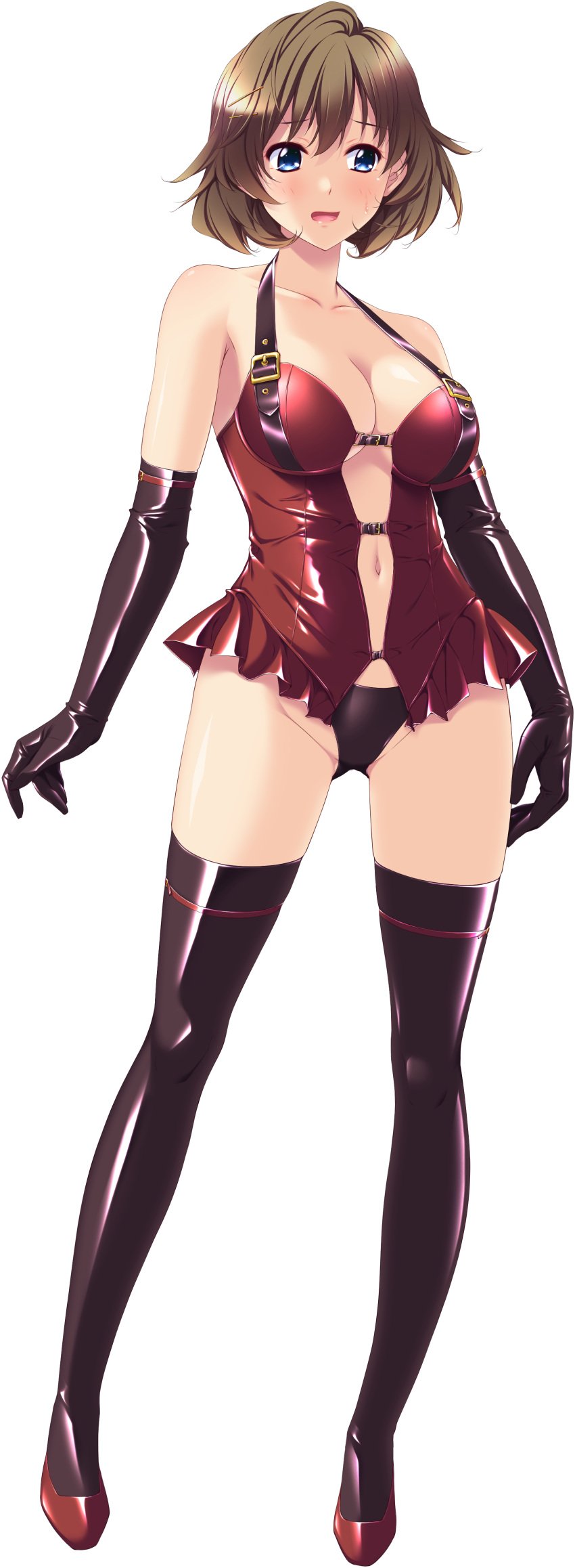 1girls 2d 2d_(artwork) absurd_res blue_eyes breasts brown_hair cleavage female female_focus female_only game_cg hi_res highres latex_armwear latex_legwear legwear lingerie mature_female milf panties ryuudouji_shimon_no_inbou ryuuzaki_suzuka shoes solo solo_female solo_focus sweat_drop transparent_background