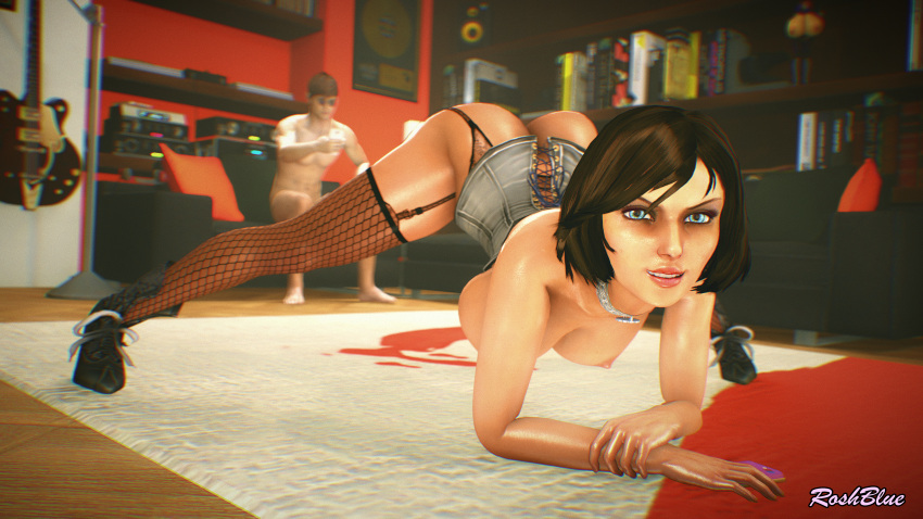 3d big_breasts big_butt bioshock bioshock_infinite busty corset elizabeth_comstock jack-o_pose jackochallenge leggings roshblue shiny_skin short_hair wide_hips