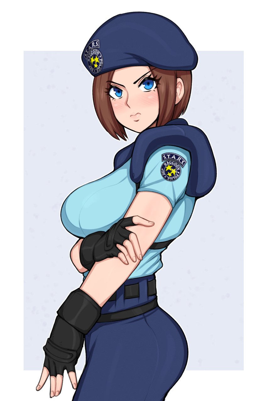 1girls afrobull angry_expression beret blue_eyes blue_pants brown_hair capcom female female_only fingerless_gloves holding_arm jill_valentine jill_valentine_(julia_voth) light-skinned_female light_blue_shirt light_skin police_uniform resident_evil s.t.a.r.s solo tagme