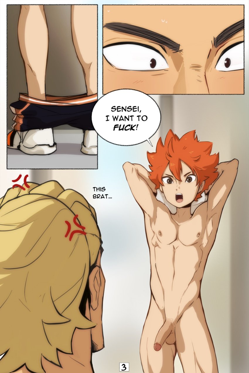 2boys anger_vein annoyed armpits arms_behind_head arms_up asking_for_it athletic_male balls belly_button blonde_hair blush blushing bottomwear brown_eyes clothing comic duo english_text fit_male flaccid footwear foreskin front_view gay genitals haikyuu!! hair hands_behind_head human human_only light-skinned_male light_skin lilprincyvi linea_alba linea_nigra looking_at_partner male male_only medium_penis multiple_boys navel nipples nude nude_male offering open_mouth orange_hair pants pants_around_ankles pants_down pecs penis pose posing presenting redhead shirt shirt_up shoes short_hair shoyo_hinata speech_bubble standing stomach talking talking_to_partner teeth testicles text thighs tongue topwear twink ukai_keishin undressing yaoi