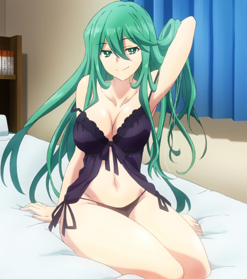 bed blush breasts clavicle cleavage curves date_a_live female full_cleavage green_eyes green_hair high_resolution hips kyouno_natsumi kyouno_natsumi_(adult) large_breasts legs light-skinned lingerie long_hair looking_at_viewer medium_breasts mound_of_venus naughty_face navel negligee off_shoulder one_arm_up pantsu side-tie_panties sitting smile solo strap_slip string_panties underwear very_high_resolution very_long_hair wide_hips