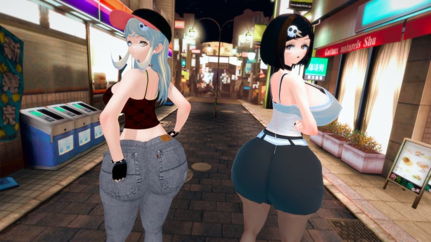 2girls 3d annoyed ass big_breasts black_lipstick blonde_hair bored breasts camisole choker clothed danganronpa danganronpa_2:_goodbye_despair female_only fingerless_gloves goth hair_accessory hat huge_ass huge_breasts jeans lipstick packed_mushrooms piercing punk saionji_hiyoko skirt socks straight_hair thick_thighs transparent_clothing wide_hips yumeno_himiko