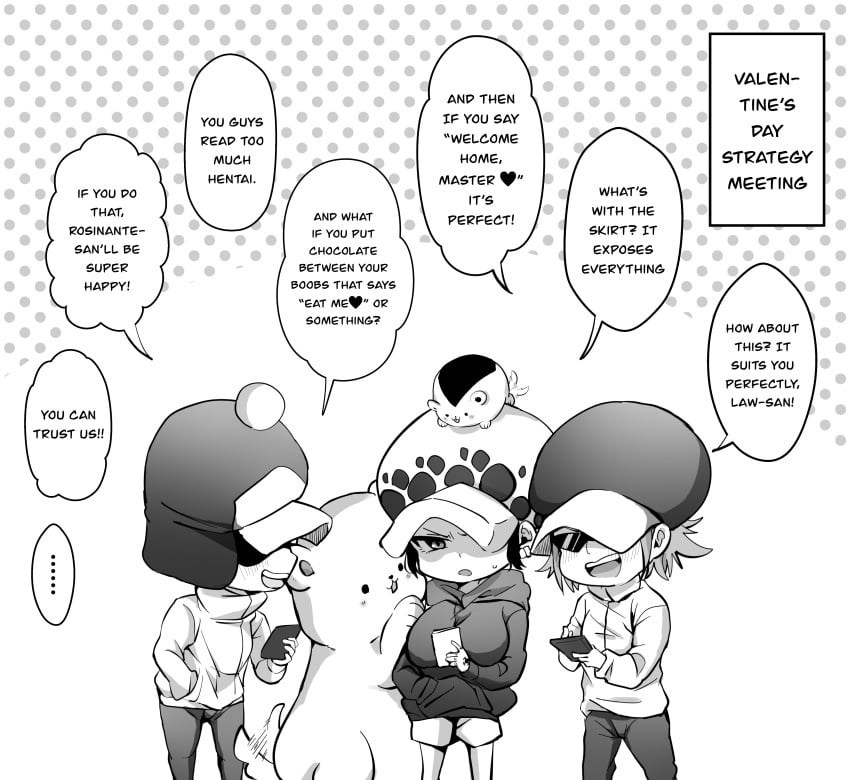 1girls 2boys bepo big_breasts canon_genderswap chibi comic english_text female genderswap_(mtf) hard_translated hat headwear heart_pirates hoodie male monochrome one_piece onigiri_(one_piece) penguin_(one_piece) phone rule_63 shachi_(one_piece) shiku_shiku_no_mi shiofuu shounen_jump sweatdrop tomboy trafalgar_law trafalgar_law_(female) translated valentine's_day