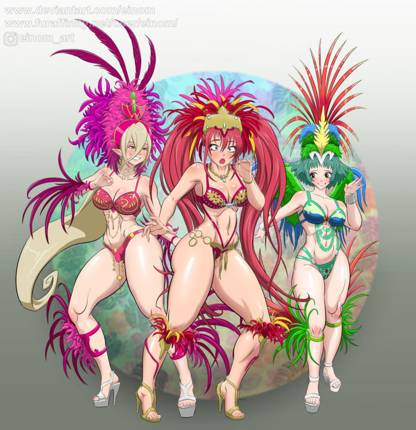 3girls bikini blonde_hair blue_hair blush breasts carnival dancer_outfit dancing einom embarrassed farah_oersted feathers female female_only green_hair headdress high_heels jewelry large_breasts long_hair magilou_(tales) nanaly_fletch necklace nervous_smile open_mouth red_hair revealing_clothes silver_hair smile tagme tales_of_(series) tales_of_berseria tales_of_destiny_2 tales_of_eternia thick_thighs thighs twintails very_long_hair voluptuous