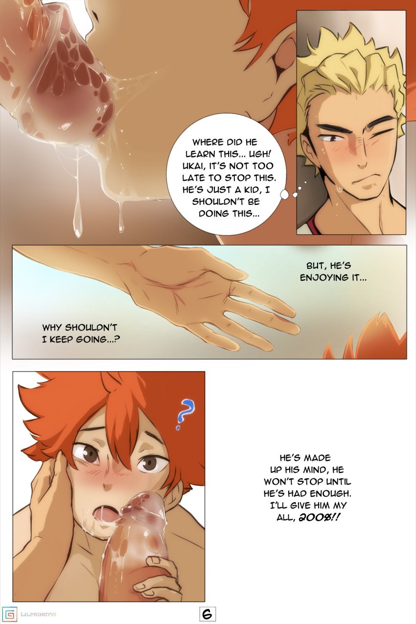 2boys ? big_penis blonde_hair blowjob blush blushing blushing_at_partner brown_eyes close-up comic duo english_text erection fellatio front_view gay genitals haikyuu!! hair hand_on_cheek hand_on_face hi_res human human_only just_the_tip large_penis light-skinned_male light_skin lilprincyvi looking_at_partner male male_only multiple_boys one_eye_closed open_mouth oral oral_sex orange_hair penis penis_in_mouth redhead saliva saliva_drip saliva_on_penis saliva_trail short_hair shoyo_hinata side_view sloppy sweat sweatdrop text thought_bubble twink ukai_keishin yaoi