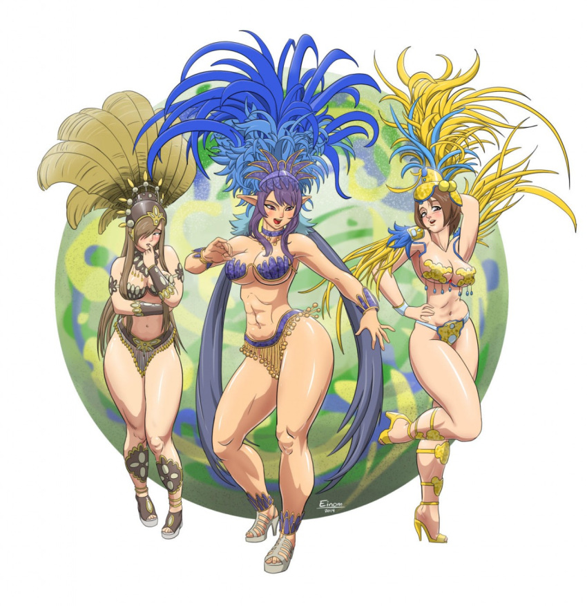 3girls abs brown_hair cleavage dancer dancer_outfit einom elf elf_ears female female_only fit_female headdress judith_(tales) large_breasts long_hair multiple_girls norma pointy_ears purple_hair tales_of_(series) tales_of_the_abyss tear_grants