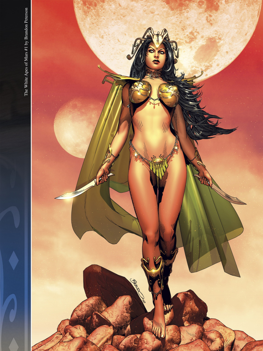 a_princess_of_mars anklet barefoot barsoom black_hair brandon_peterson brown_eyes cape dejah_thoris dual_wielding holding_weapon hourglass_figure john_carter_of_mars knife large_breasts long_hair martian official_art practically_nude royalty shoulder_armor