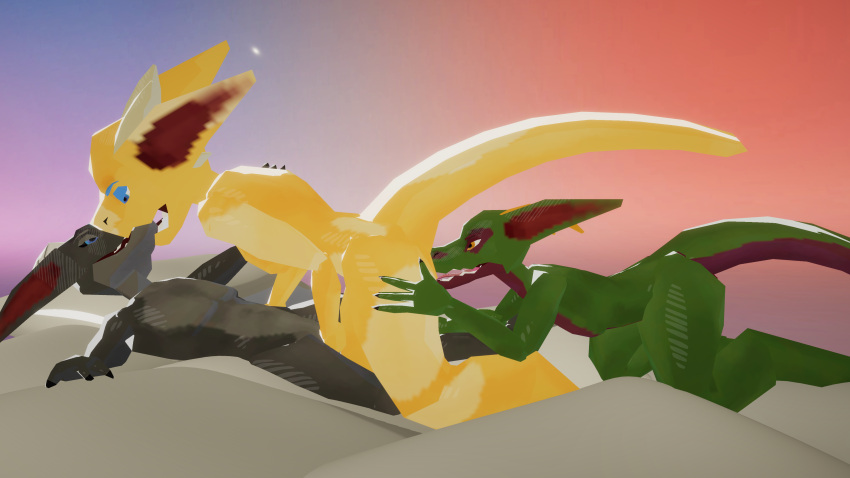 16:9 3d 4k absurd_res ambiguous_gender anthro baze claws digital_media_(artwork) female female/female fff_threesome fingering group group_sex hi_res horn humanoid kobold kobold_dellarte kret low_poly nude open_mouth reptile scales scalie sek sex simple_background threesome tongue trio widescreen yuri