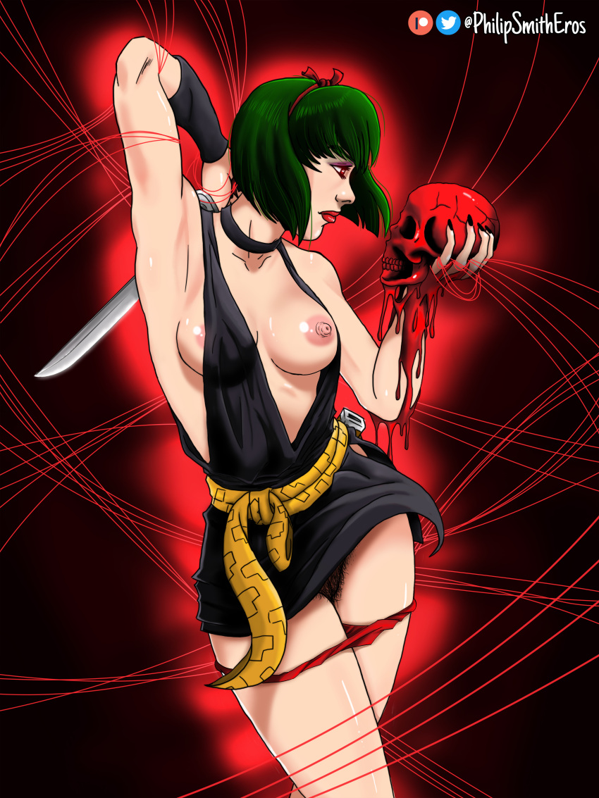 1girls armwear blade bob_(haircut) breasts_out choker clothed clothes female female_focus female_only green_hair hair_tie hairy hairy_pussy inuyasha lipstick ninja nip_slip nipple_slip panties panties_down philipsmitheros pubic_hair red_eyes short_dress short_hair skull solo weapon yura_of_the_hair