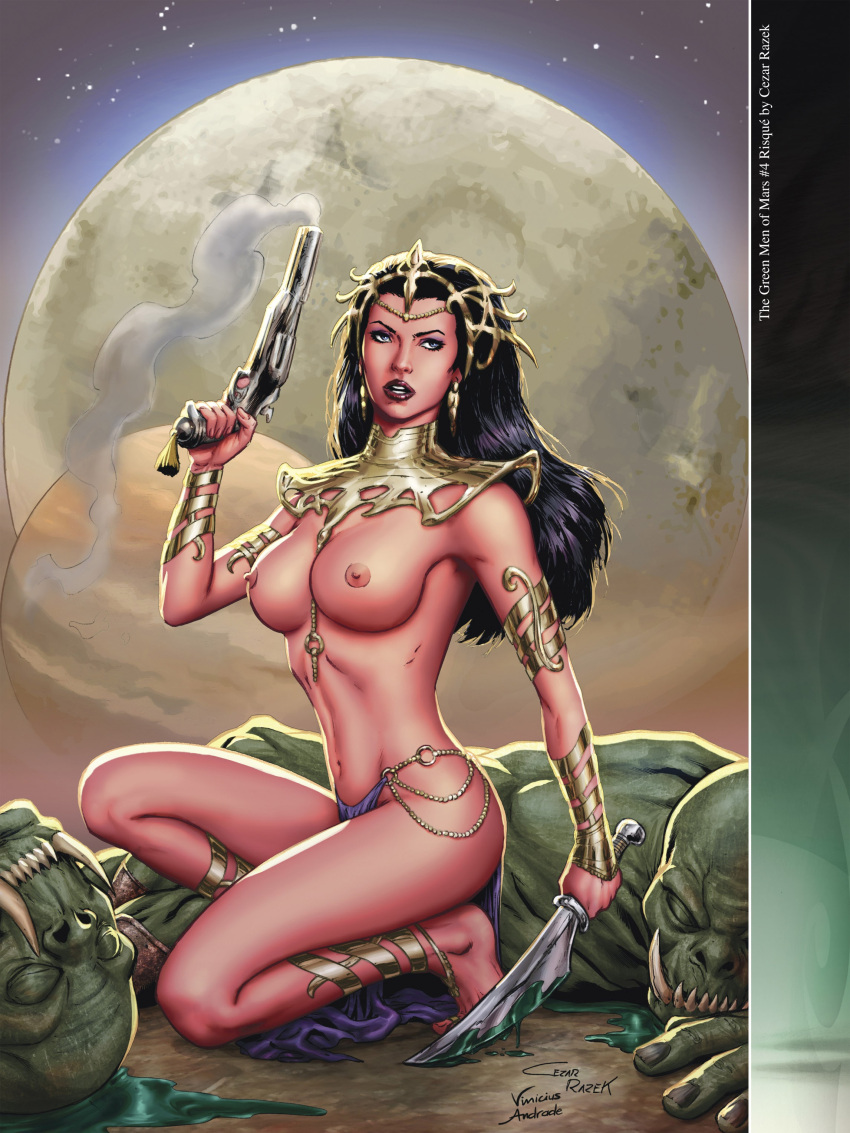 1girls a_princess_of_mars anklet armlet barsoom black_hair blue_eyes bracelet casual cezar_razek dejah_thoris female firearm gun handgun headdress holding_weapon john_carter_of_mars kneeling large_breasts loincloth long_hair looking_at_viewer martian official_art revolver royalty shoulder_armor vinicius_andrade weapon