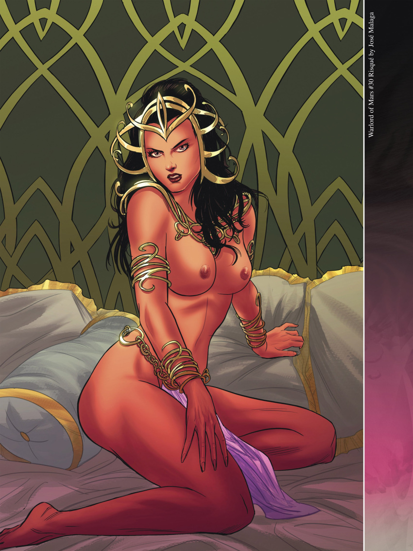 1girls a_princess_of_mars armlet barsoom bed black_hair bracelet dejah_thoris headdress john_carter_of_mars jose_malaga kneeling kneeling_on_bed loincloth long_hair looking_at_viewer martian medium_breasts official_art pink_skin royalty