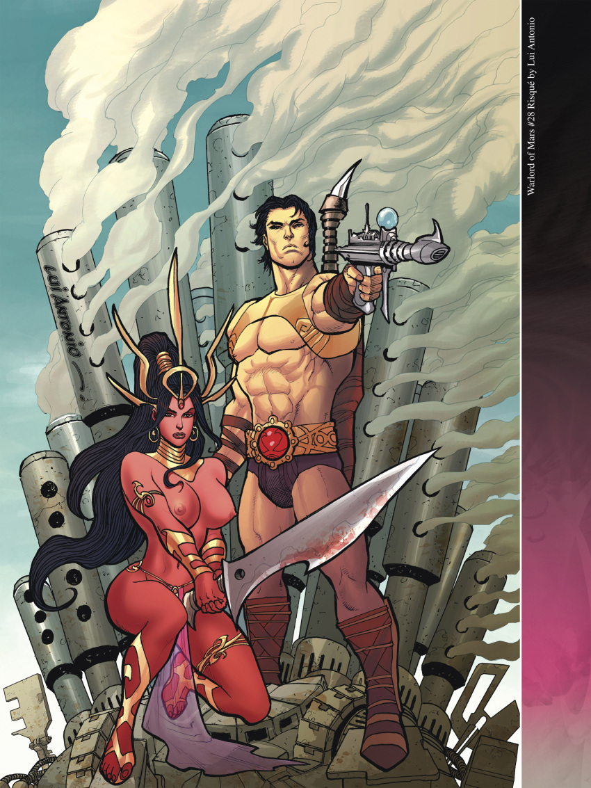 1boy 1boy1girl 1girls a_princess_of_mars barsoom black_hair boots brown_eyes dejah_thoris gun headdress holding_weapon john_carter john_carter_of_mars large_breasts loincloth long_hair lui_antonio martian official_art pink_skin royalty sandals short_hair sword voluptuous