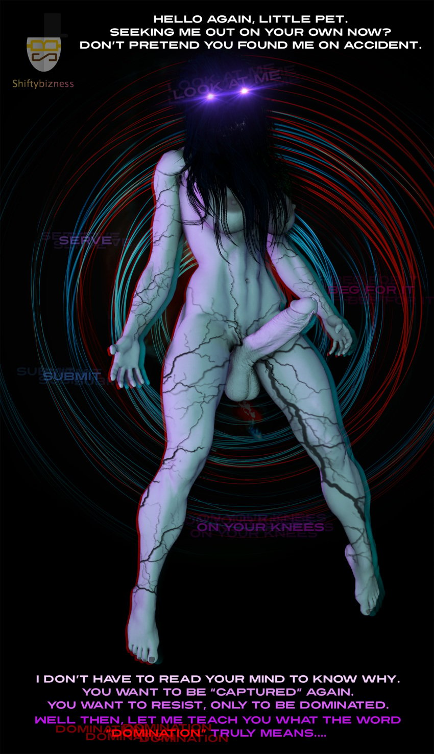 3d abs balls barefoot big_breasts big_penis black_hair blue_skin caption corruption creepy feet futa_focus futa_only futanari glowing_eyes hair_over_eyes hands horror humanoid humanoid_penis hypnosis hypnotizing_viewer imminent_sex lens_flare long_hair mind_break mind_control penis shiftybizness smile talking_to_viewer testicles text veiny very_long_hair