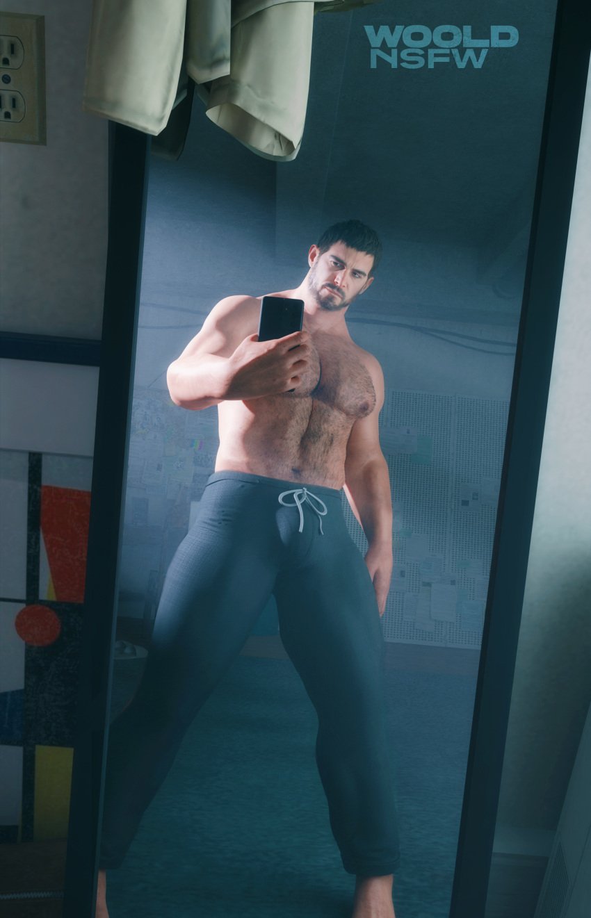 3d bara blender body_hair bulge chris_redfield male_only muscular no_visible_genitalia partially_clothed pecs resident_evil resident_evil_8:_village selfie solo_male wooldnsfw