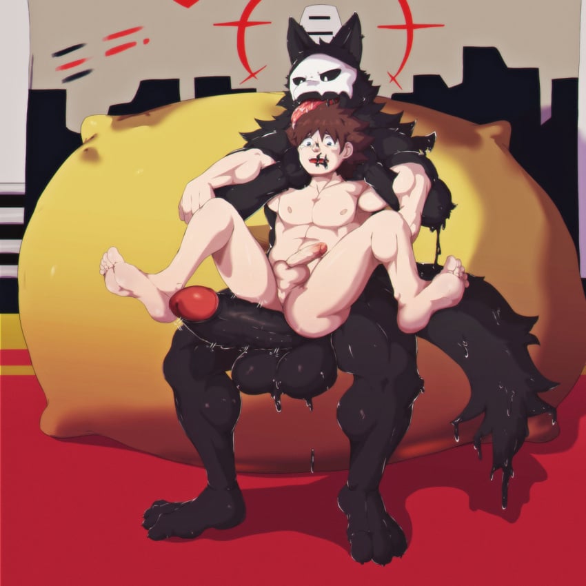 anthro big_penis changed_(video_game) goo_creature insaneeighteen laughing lin_(changed) male/male male_only penis tears the_wolf_king_(changed) tongue_out yaoi