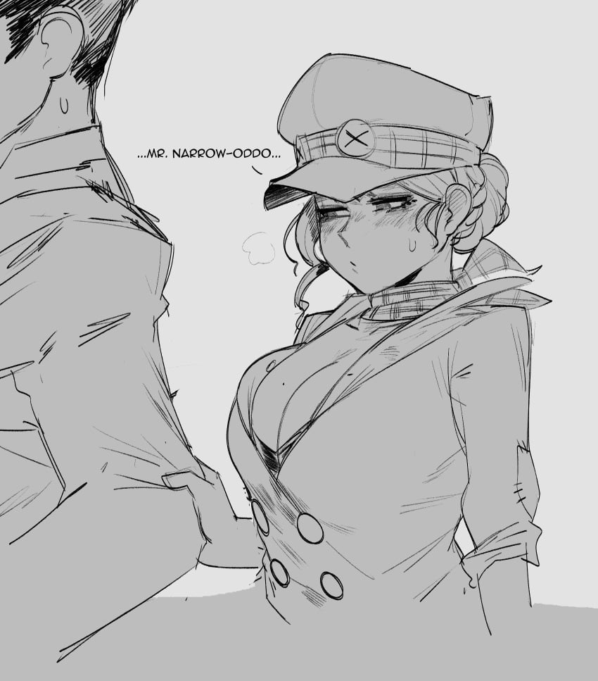 big_breasts black_and_white blush breasts cleavage dai_gyakuten_saiban female gina_lestrade gyakuten_saiban krekk0v monochrome ryunosuke_naruhodo shy sweatdrop the_great_ace_attorney tight_fit unseen_male_face