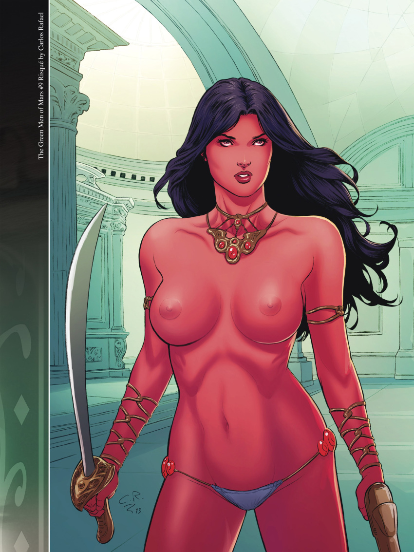 1girls a_princess_of_mars armlet barsoom bikini_bottom black_hair bracelet brown_eyes carlos_rafael dejah_thoris fit_female gun holding_weapon hourglass_figure john_carter_of_mars large_breasts long_hair necklace official_art pink_skin sword topless voluptuous