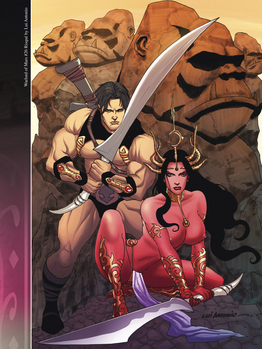 1boy 1boy1girl 1girls a_princess_of_mars barsoom black_hair boots brown_eyes canon_couple dejah_thoris headdress holding_weapon john_carter john_carter_of_mars knife large_breasts loincloth looking_at_viewer lui_antonio muscular_male official_art pink_skin squatting sword voluptuous