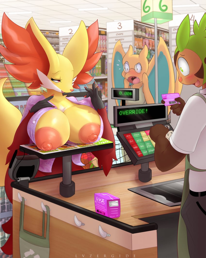 2016 4_fingers 5_fingers anthro anthrofied areolae big_breasts big_nipples bottomwear breast_awe breast_rest breasts bulge canid canine charizard chespin clothed clothing counter credit_card credit_card_machine delphox dragon english_text erection erection_under_clothing exhibitionism exposed_breasts eyewear female fingers flashing glasses group hi_res huge_areolae huge_breasts inside lysergide male mammal market membrane_(anatomy) membranous_wings nintendo nipples no_bra open_mouth pants pokémon_(species) pokemon pokemon_(species) pokemorph presenting presenting_breasts public puffy_areola puffy_nipples scalie shirt shocked shocked_bystander store supermarket text topwear video_games wings