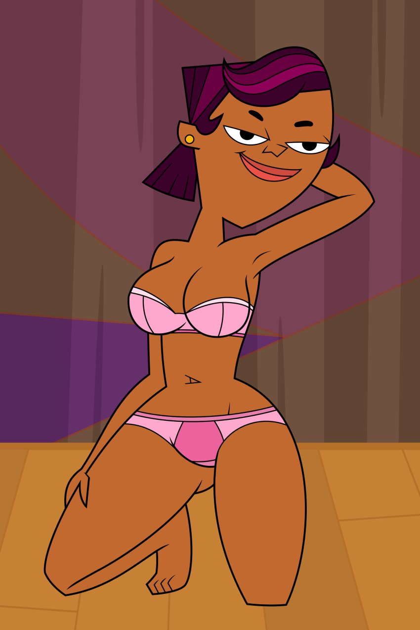 bra breasts ear_piercing female lips panties pink_bra pink_underwear pose purple_hair sierra_(tdi) smile solo tjlive5 total_drama_island underwear