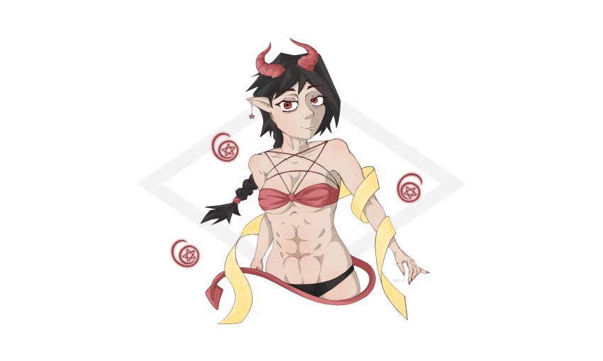 abs black_hair demon demon_girl demon_horns demon_tail demoness kineris_(artist) kineris_(character) magic pointy_ears red_eyes