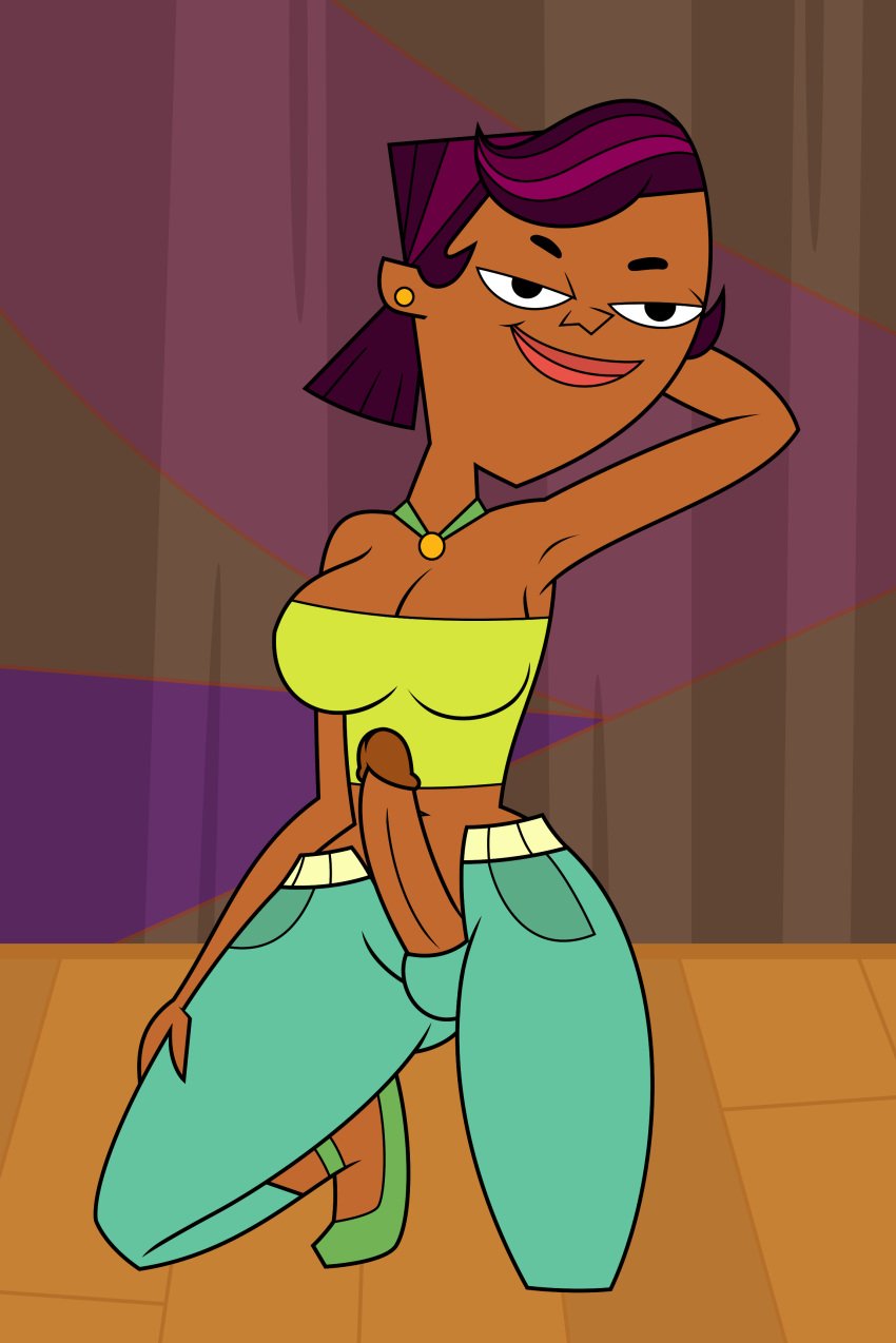 breasts ear_piercing futanari lips penis pose purple_hair sierra_(tdi) smile solo tjlive5 total_drama_island