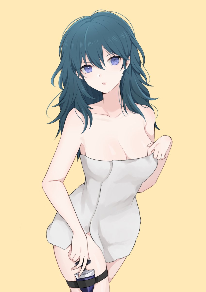 1girls absurd_res akn_646 bangs bare_arms bare_shoulders black_holster blue_eyes breasts byleth_(fire_emblem) byleth_(fire_emblem)_(female) cleavage collarbone cowboy_shot dagger female fire_emblem fire_emblem:_three_houses hand_on_breast hand_on_weapon highres knife large_breasts leg_strap long_hair looking_at_viewer matching_hair/eyes naked naked_towel nintendo nude parted_lips pink_lips sheath sheathed shimizu_akina sleeveless teal_hair thigh_holster thigh_strap towel weapon weapon_holster white_towel yellow_background