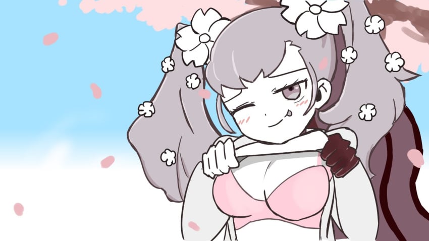 blush bra cherry_blossoms cute exposed_bra flowers_in_hair grey_eyes grey_hair hair_ornament medium_breasts naughty_face pink_bra presenting presenting_breasts sakura_sonic shirt_lift the_battle_cats tongue tongue_out twintails wink